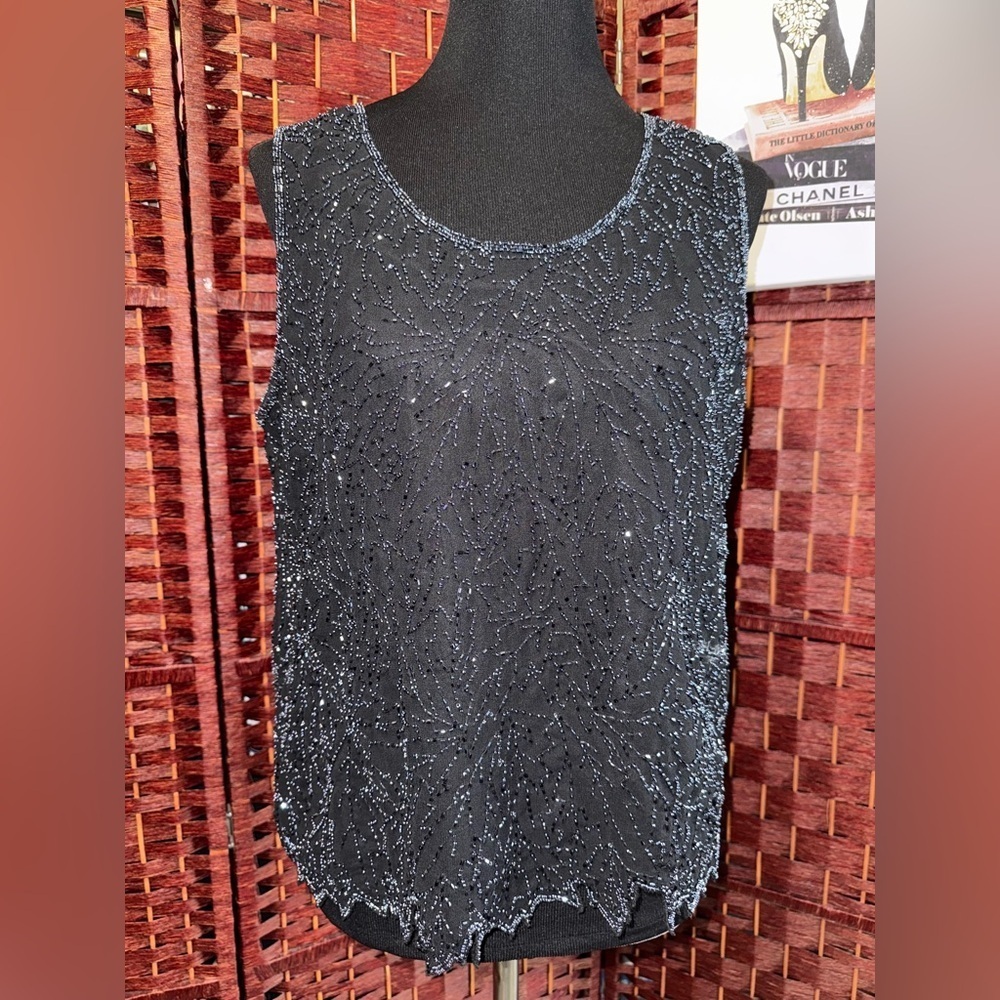 J Kara Vintage Elegant Black Beaded Chiffon jacket & Cami 2 Piece Top Size L - Picture 4 of 11